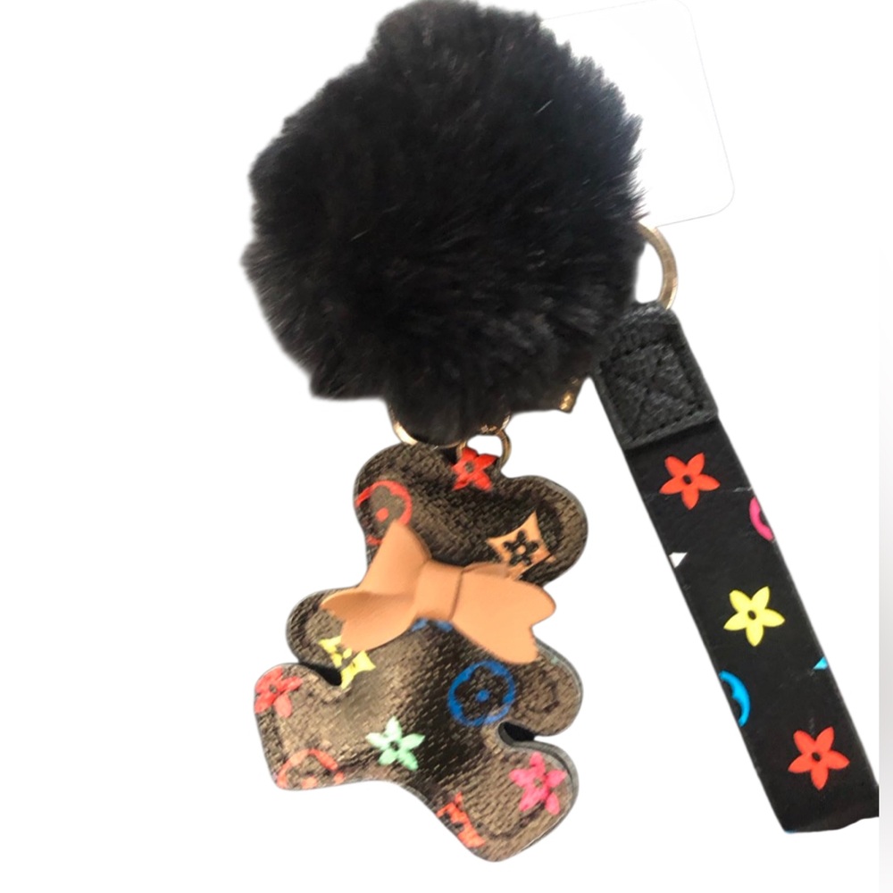 Colorful Bear black Keychain/bag charm with Black Pom Pom bear in blk or brown